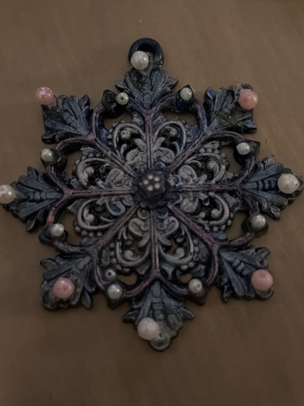 Vintage-Style Filigree Snowflake Ornament in Dark Blue with Pink & Pearl Accents